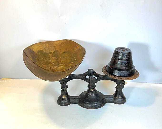 Featured listing image: Antique 1930's Cast Iron Counter Balance Mercantile Candy Scales with 4 Weights and Scoop