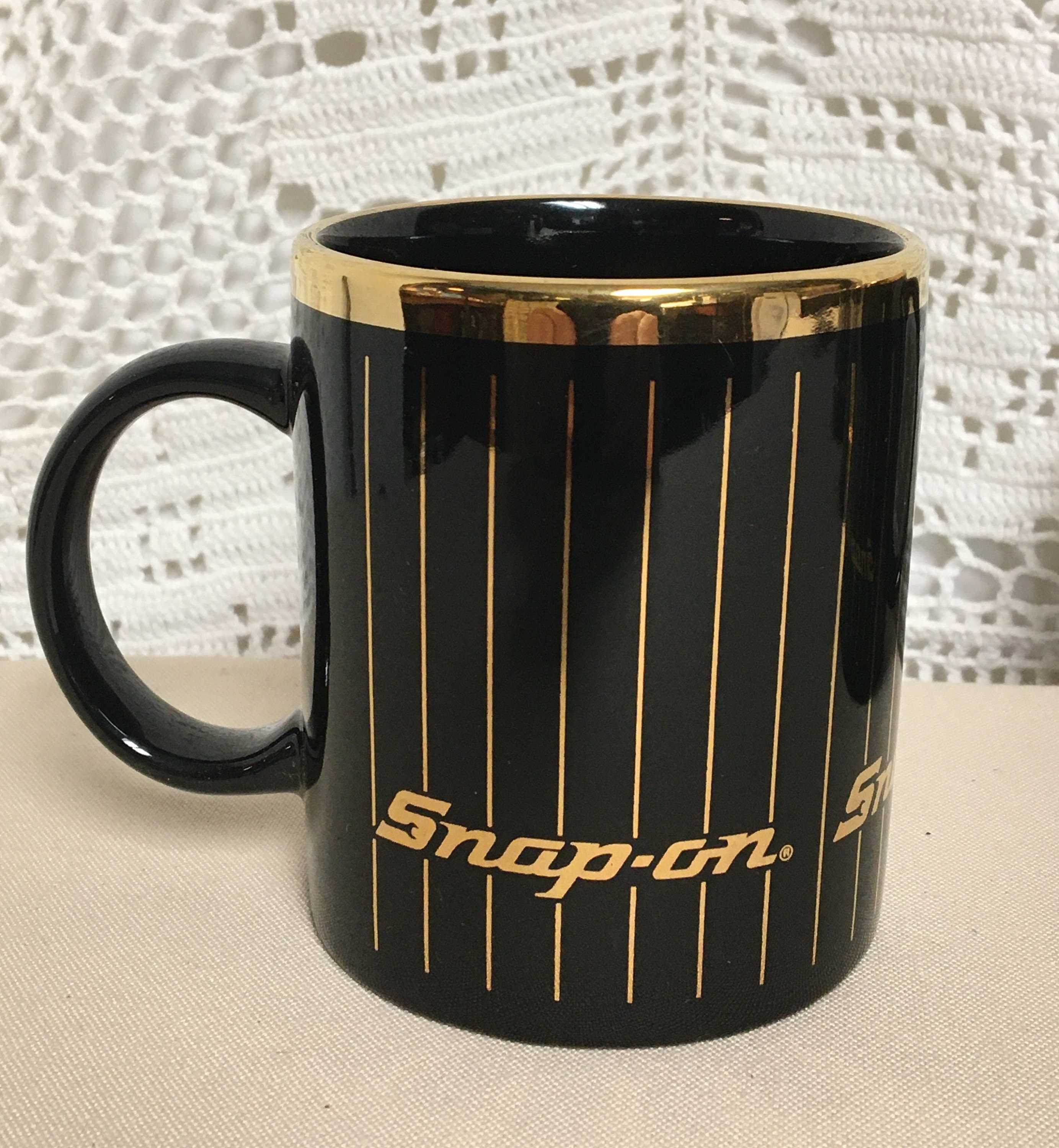 Snap On Tools Coffee Mugs, Set of two (2), Promotional Mug, Black Mug with Gold Trim, Socket