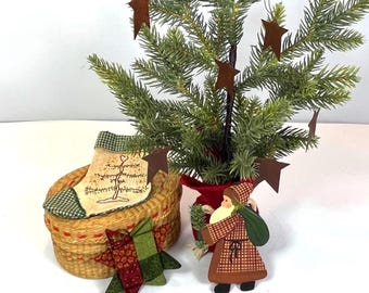 Primitive Holiday Ornaments (Set of 5) in Oval Woven Basket