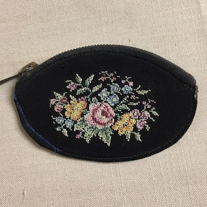 Antique Hand Stitched Zipper Pouch, Petit Point Coin Purse, Black Cloth Needlepoint Coin Purse, Floral Zippered Purse