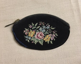 Antique Hand Stitched Zipper Pouch, Petit Point Coin Purse, Black Cloth Needlepoint Coin Purse, Floral Zippered Purse