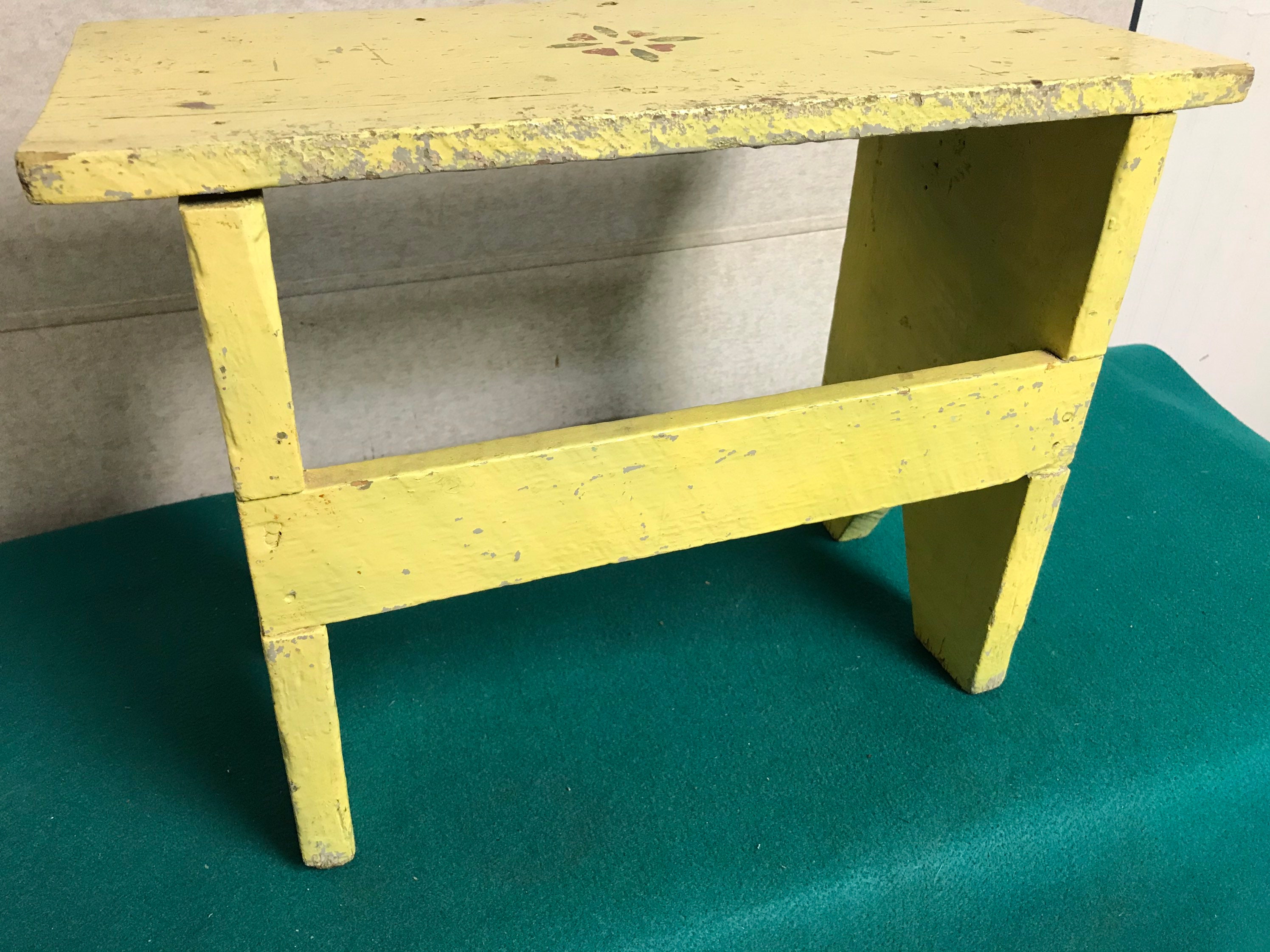1950's Handmade, Yellow Painted, Shabby Wooden Step Stool, Foot Stool