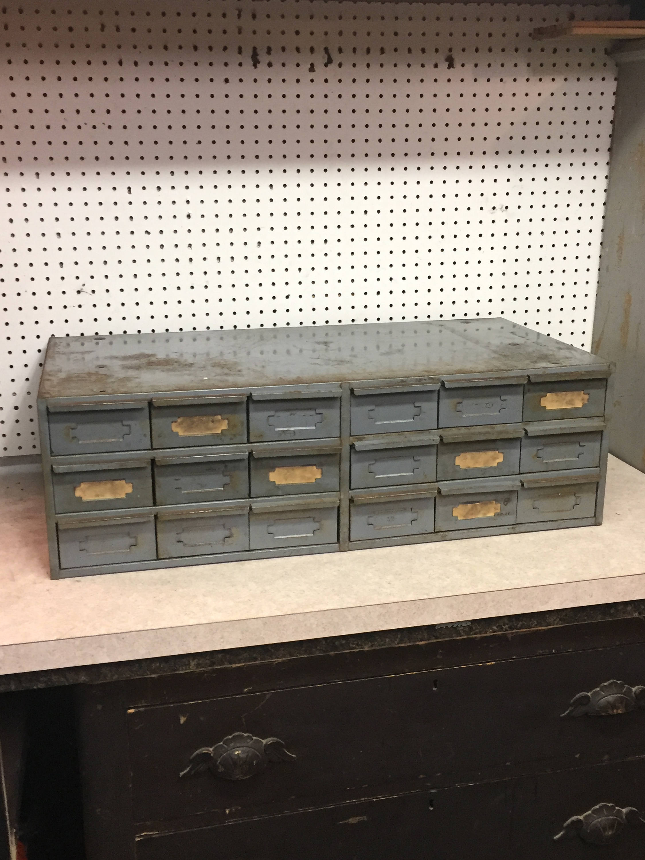 Vintage Industrial 18 Drawer Steel Parts Cabinet Hallowell Gray