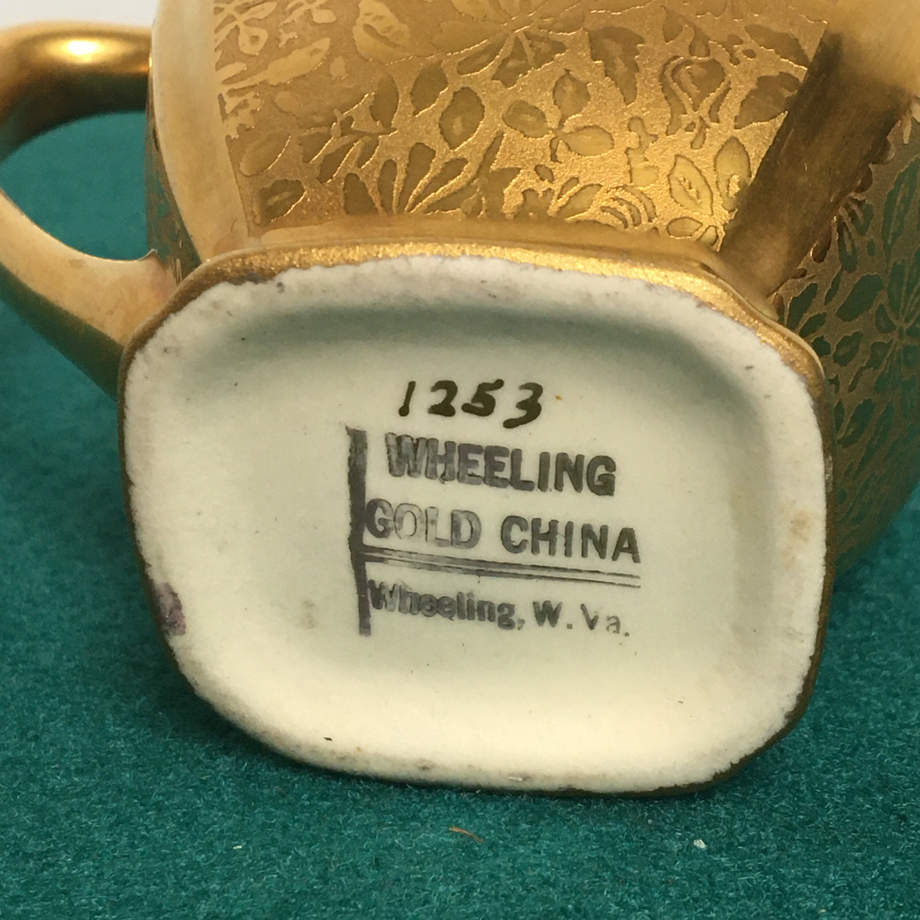 Wheeling Gold China Creamer, Sugar Bowl and Salt Shaker, Marked 1253