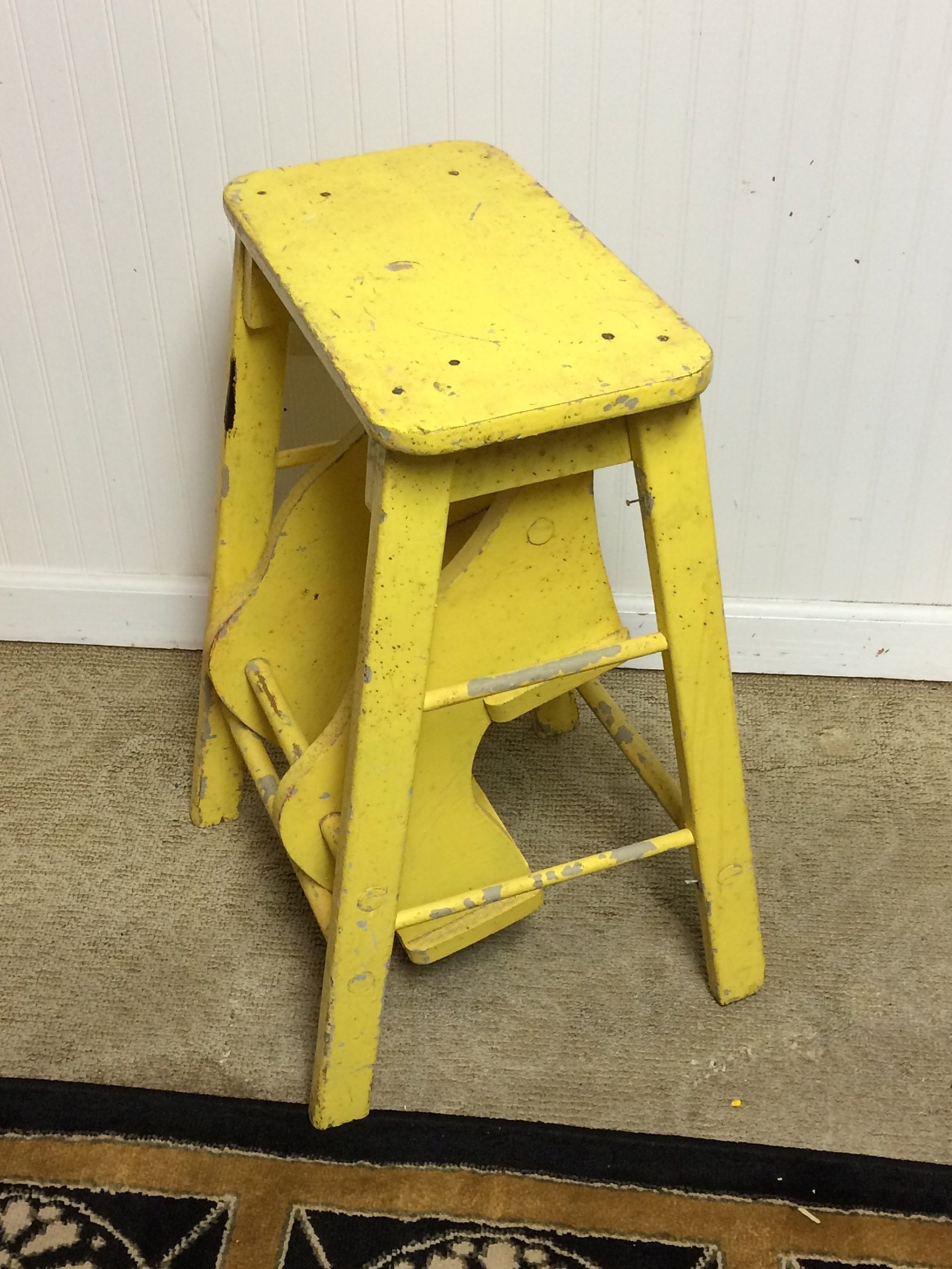 Unique Vintage Yellow Wooden Step Stool with Folding Steps, Display Stool, Plant Stand, Display