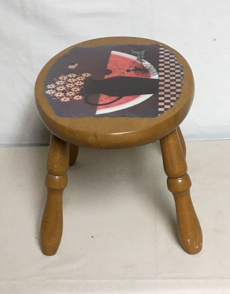 Small Wooden Folk Art Stool Handmade Decoupage Wooden Stool Etsy