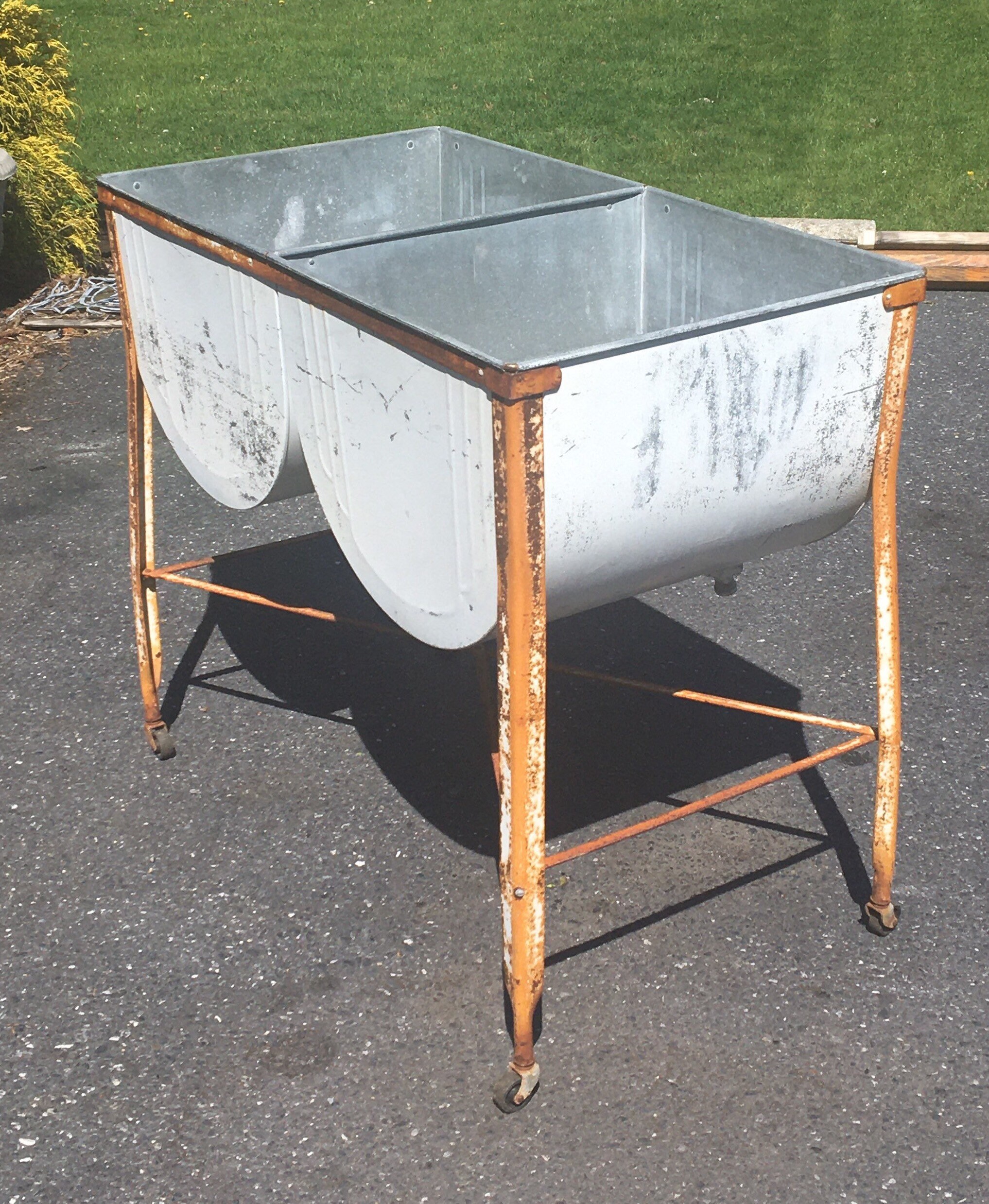 Vintage Galvanized Double Wash Tubs with Stand, Mid Century, Rustic