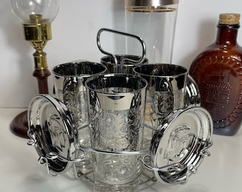 Vitreon Queens Lusterware, Kimiko Guardian Crest, Highball Glass set, Mid Century Barware, Set of Four (4) with Original Caddy