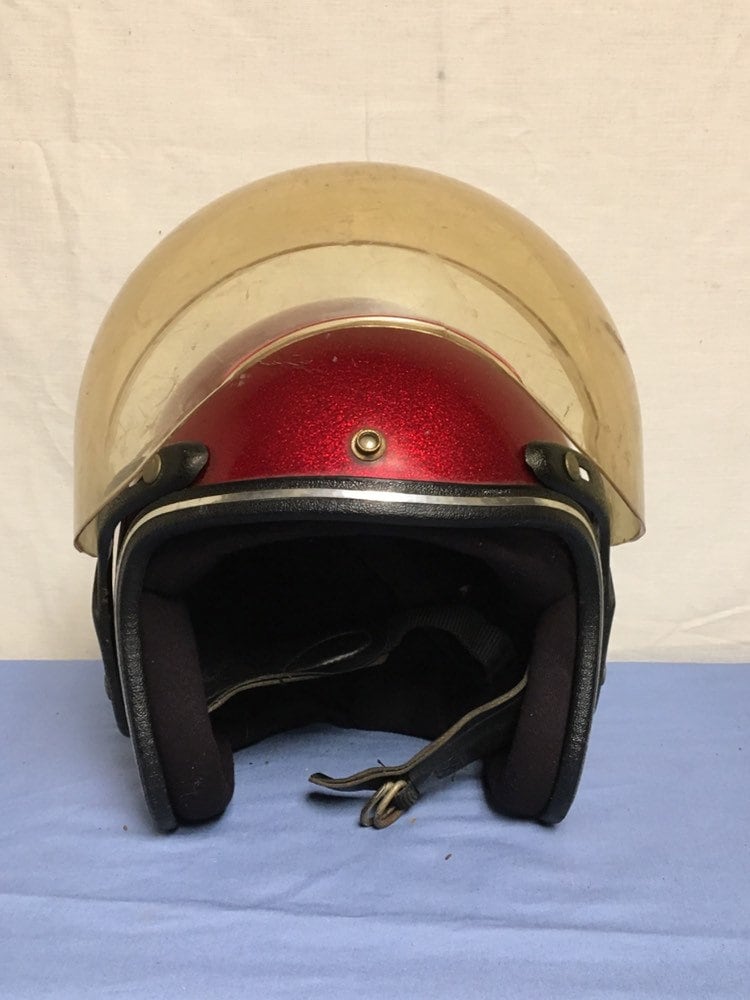 Royal Grant 1970's Red Glitter Motorcycle Helmet, Red Metallic Sparkle Open Face Helmet with