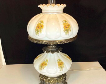1960's Large Victorian Yellow Floral Hurricane Table Lamp With Nightlight