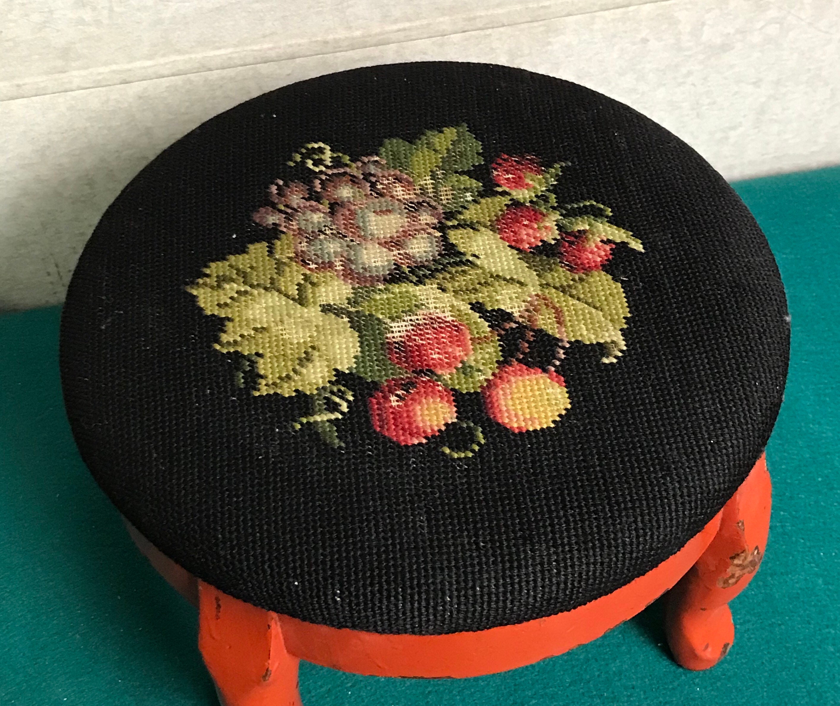 Round Needlepoint Footstool With Wood Base and Legs, Upholstered Top