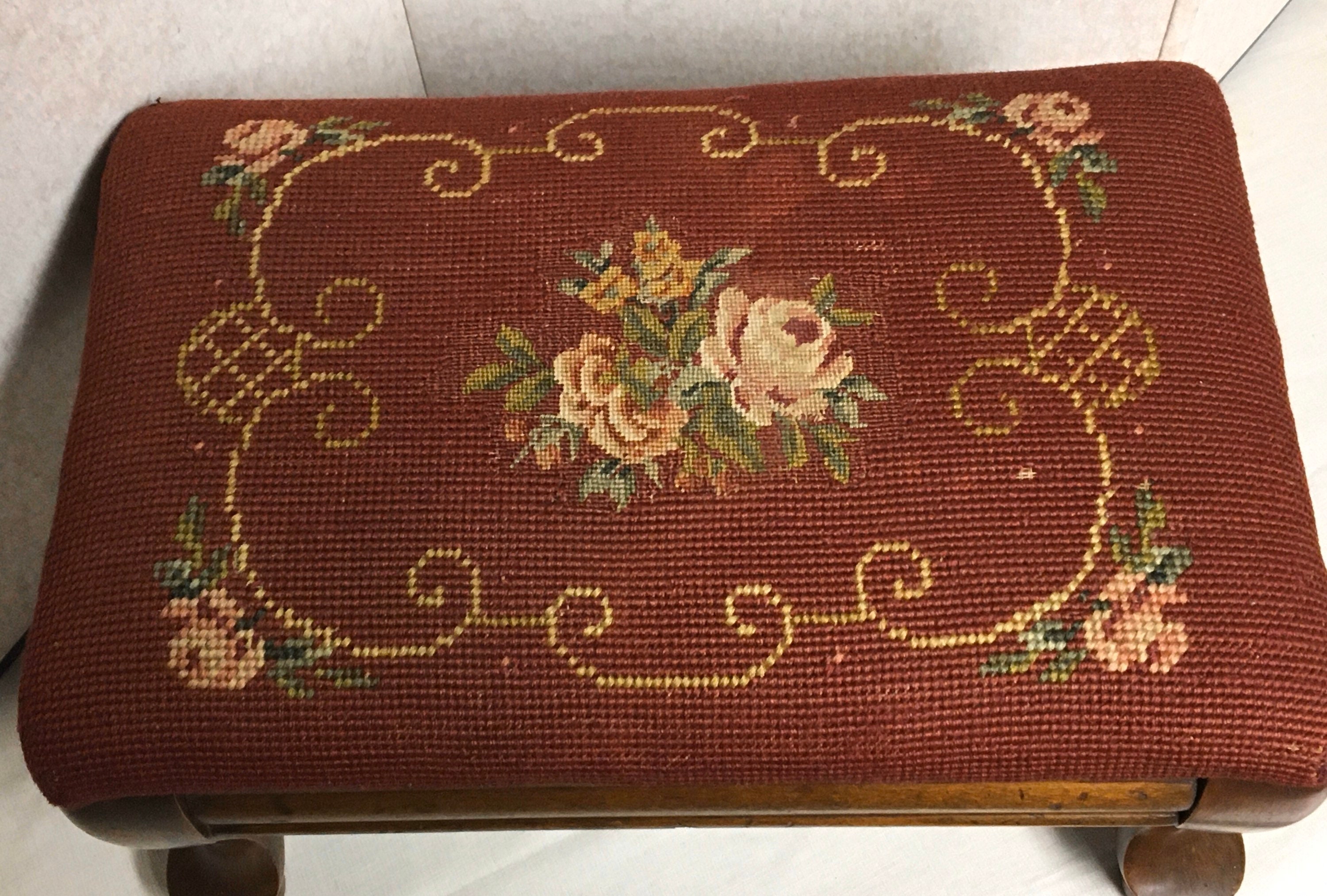 Antique Victorian Needlepoint Footstool, Queen Anne Style Wooden Stool