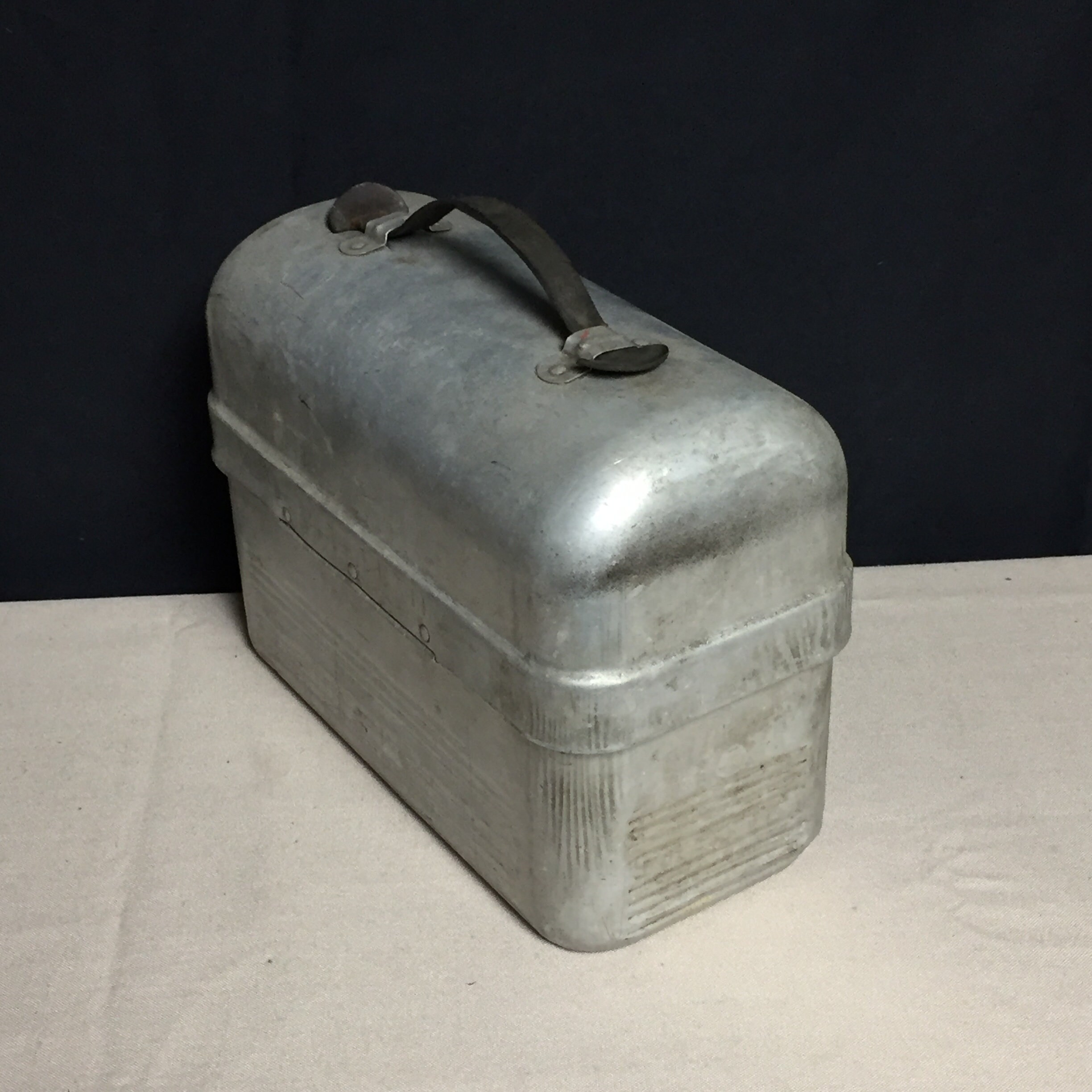 Vintage Primitive Aluminum Lunch Box With Leather Handle, SANITKIT Non