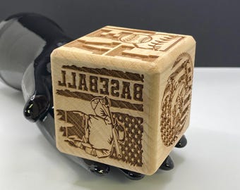 Wooden Engraved Pastry Stamp, 6 Sided Stamp for Cookies, Baseball Themed Etched Cube