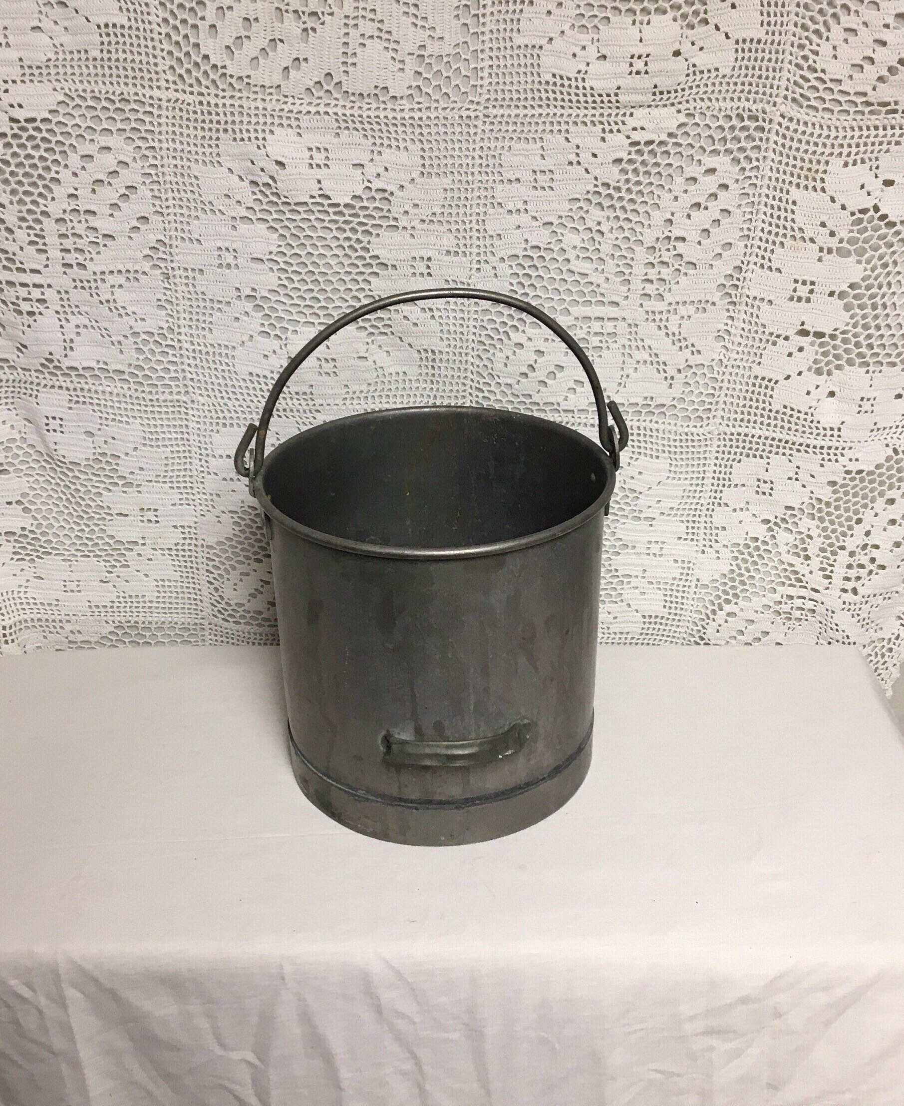Vintage Stainless Steel Farm Milk Pail Bucket with Wire Handle and Side
