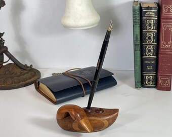 Hand Carved Wood Duck Pen Holder, Sleeping Duck