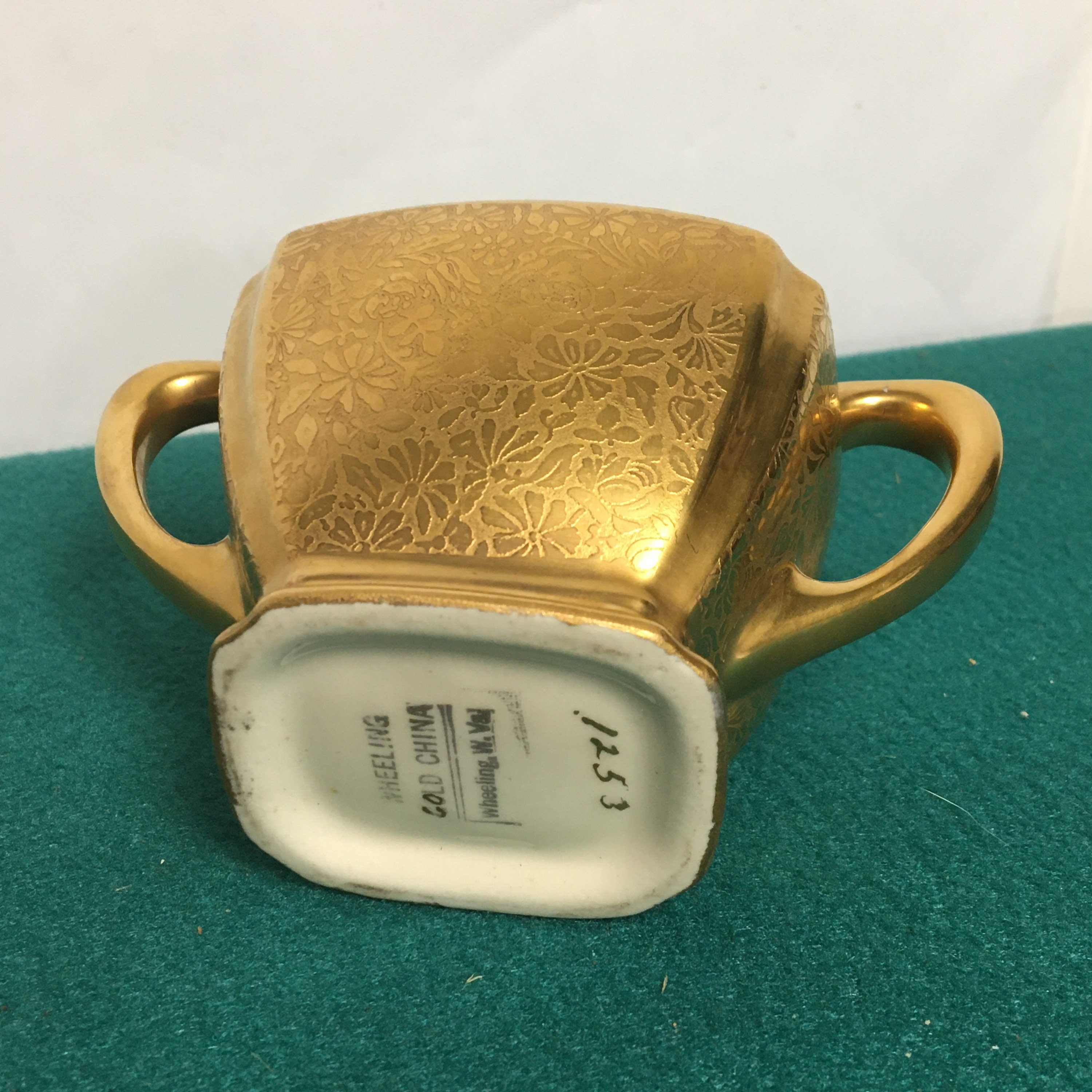 Wheeling Gold China Creamer, Sugar Bowl and Salt Shaker, Marked 1253