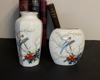 Pair of Two (2) Jay Fine China Vases, Birds and Flowers, Made in Japan