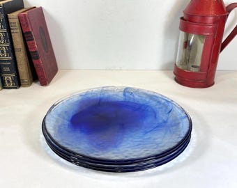 Bormioli Rocco Blue Swirl, Textured Glass 11" Dinner Plates, "Murano Blue" and Clear Plates, Set of 4