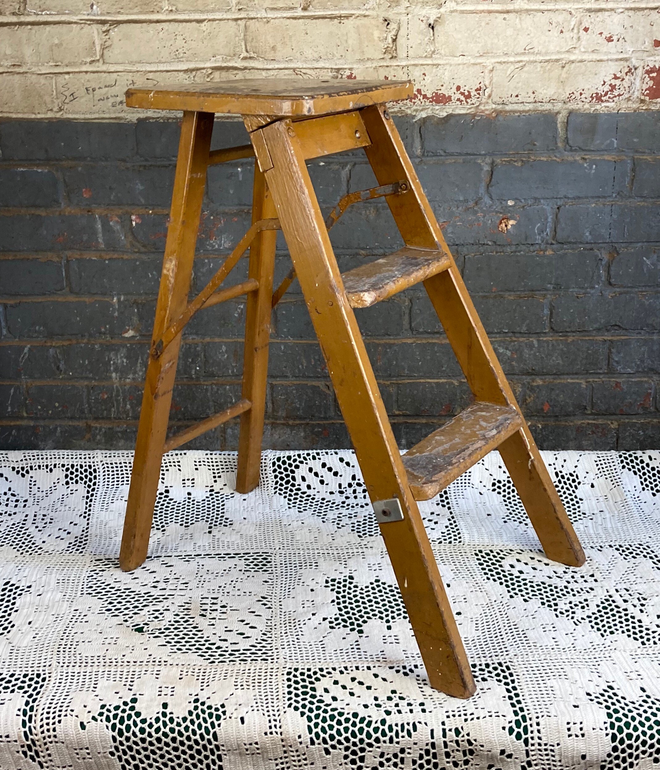Unique Shabby Wooden Step Stool with Folding Steps, Chippie Paint