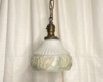 Antique 1930's Hanging Brass Pendant Light with Glass Shade and Ceiling Canopy, New Wiring