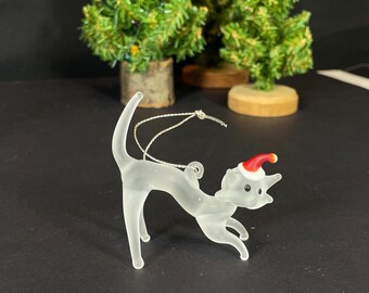 Satin Glass Cat with Santa Hat Ornament, Hand Blown Glass Cat