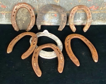 7 Original Rusty Iron Horse Shoes, Vintage Blacksmith Horse Tack, Farmhouse Decor