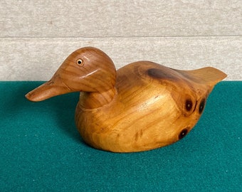 Hand Carved Wood Duck Decoy, Signed by Artist, Stained Wooden Duck Figurine with Glass Eye, Hunting Decoy