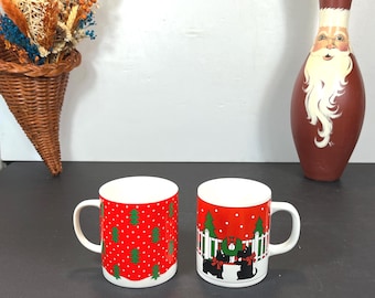 Pair of 2 Christmas Mugs, Scottie Dog and Christmas Trees in Snow