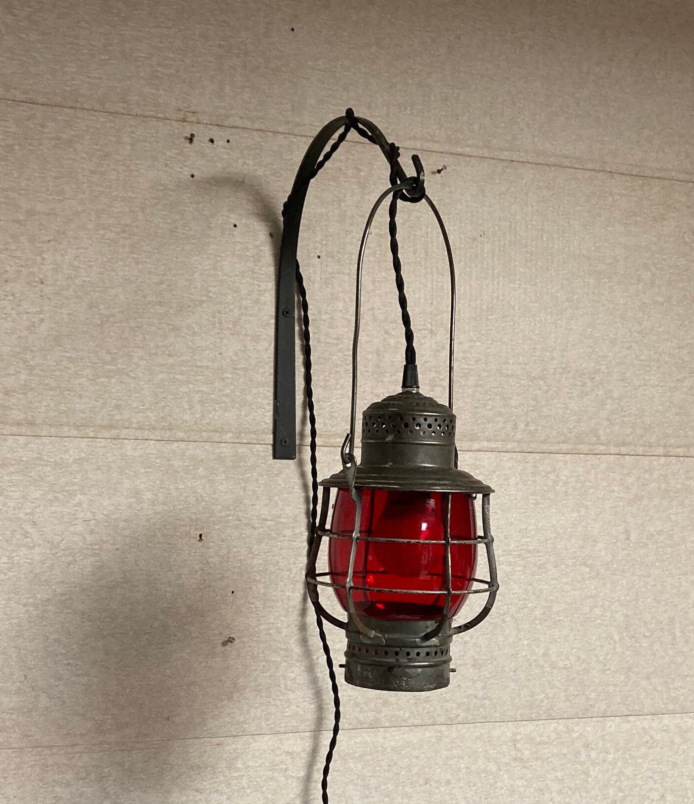 Antique Adlake Railroad Lantern Red Glass Hanging Electric Light Fixture Sconce, Train Light