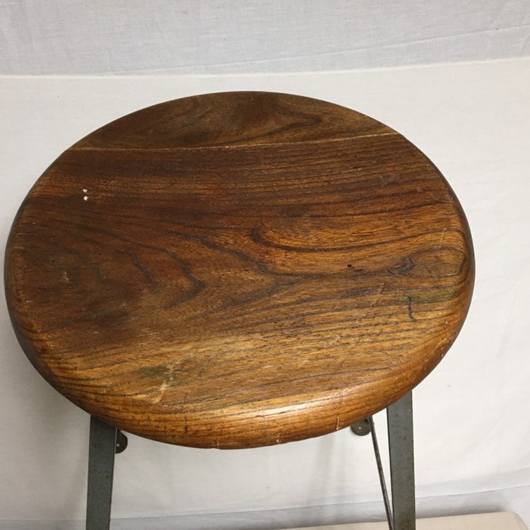 Vintage Lyon Industrial Steel Shop Stool with Wooden Oak ...