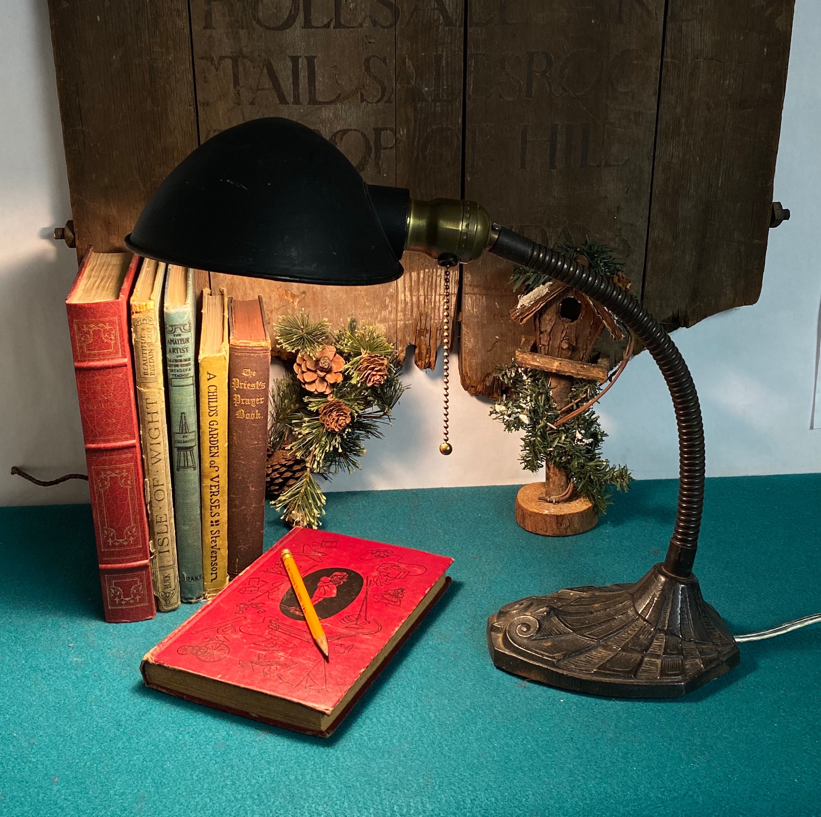 Antique Gooseneck Desk Lamp with Cast Iron Base, Faries MFG. Illinois