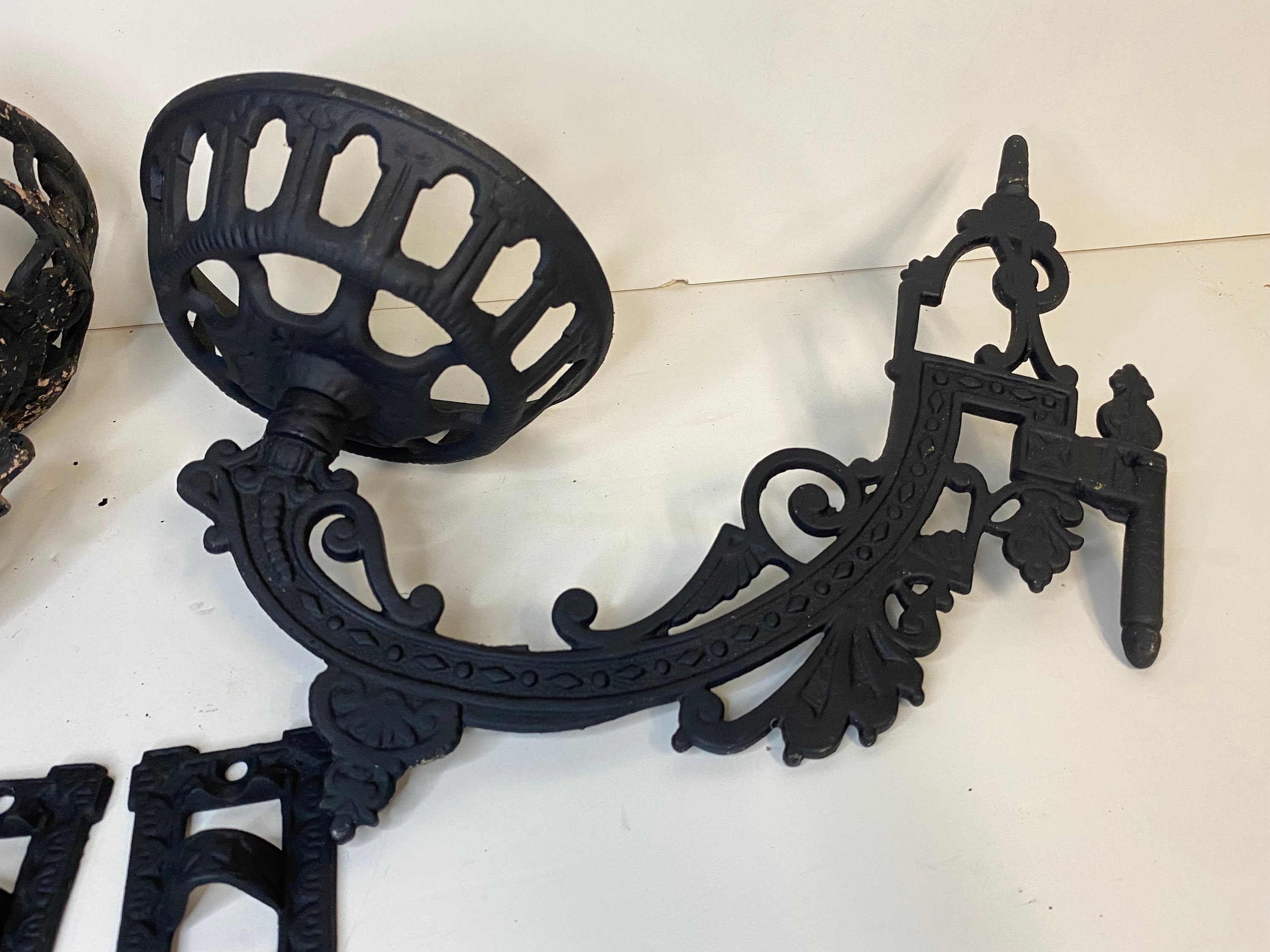 Two (2) Vintage Black Cast Iron Oil Lamp Wall Brackets, Sconce Brackets
