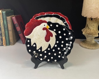 Fitz & Floyd "Rise and Shine" Embossed Rooster Plate, Black with White Polka Dot