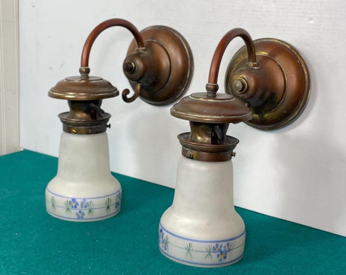 Featured listing image: Set of 2 Antique, 1920's Brass Electric Wall Sconces with an Embossed Art Glass Shade, Art Nouveau, Victorian,