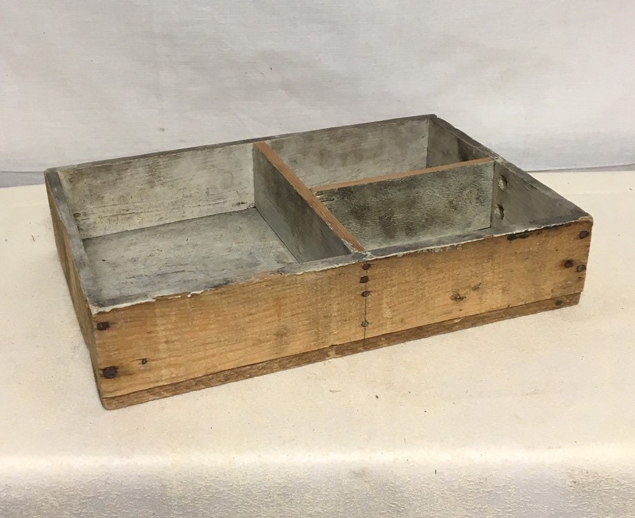 Antique Handmade Wooden Dovetail Tool Box with Lock and Key, Primitive