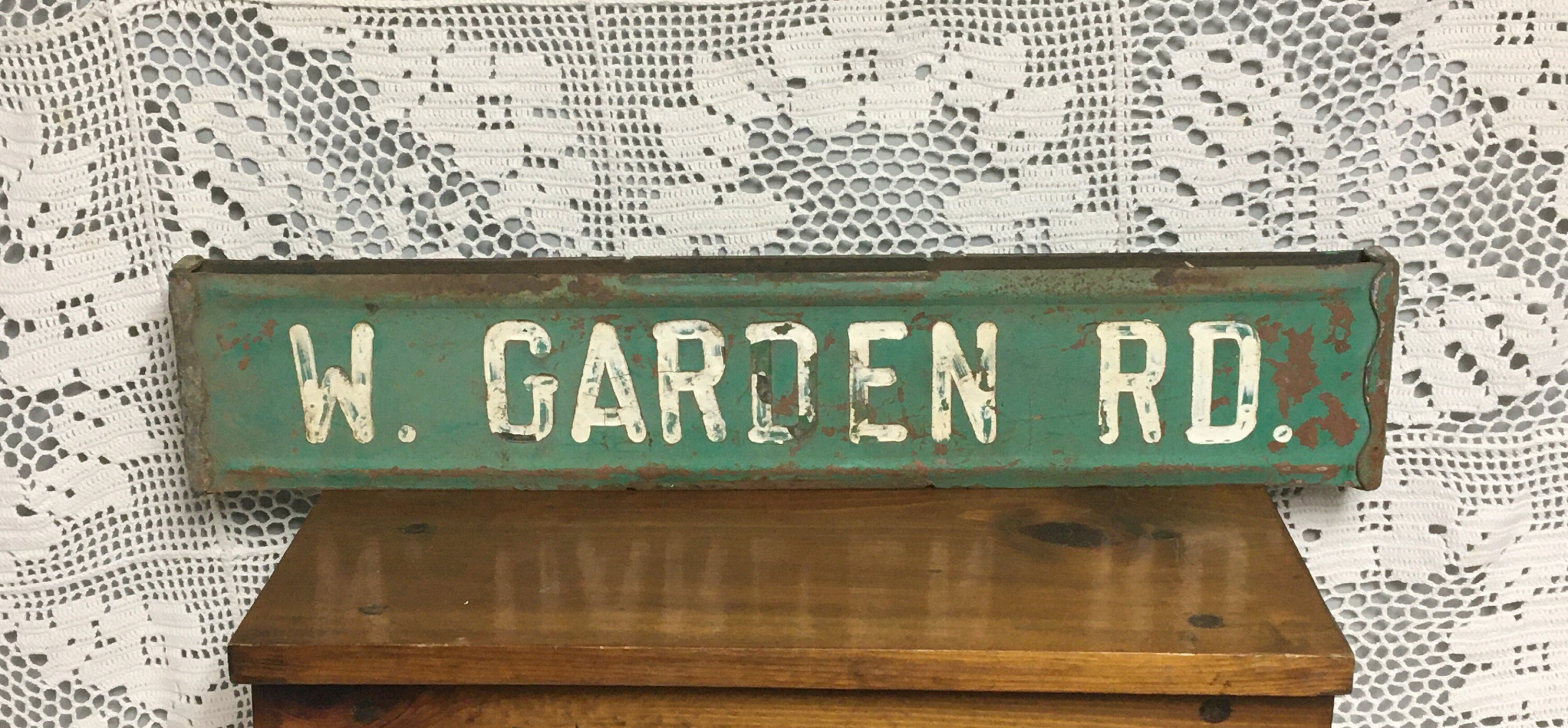 1950's Embossed 2 Sided Steel Street Sign W. GARDEN RD. Green & White