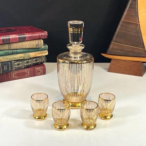 Bohemia Czech Crystal Cordial Decanter with Glass Stopper and 4 Matching Glasses, Gold Stripes