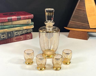 Bohemia Czech Crystal Cordial Decanter with Glass Stopper and 4 Matching Glasses, Gold Stripes