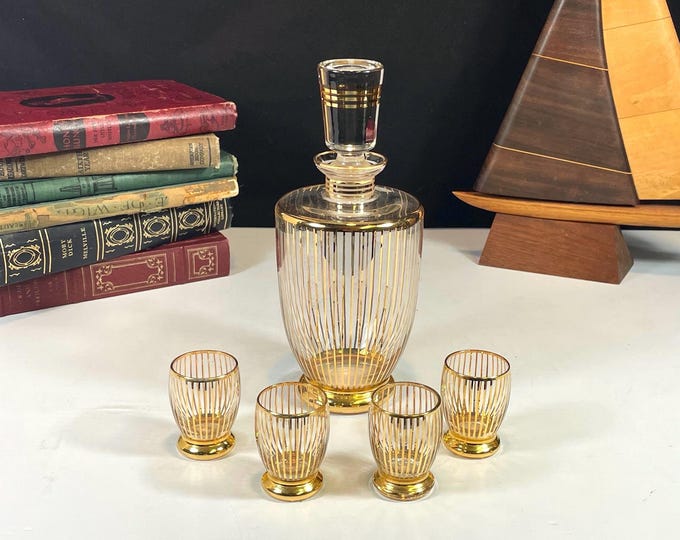 Featured listing image: Bohemia Czech Crystal Cordial Decanter with Glass Stopper and 4 Matching Glasses, Gold Stripes