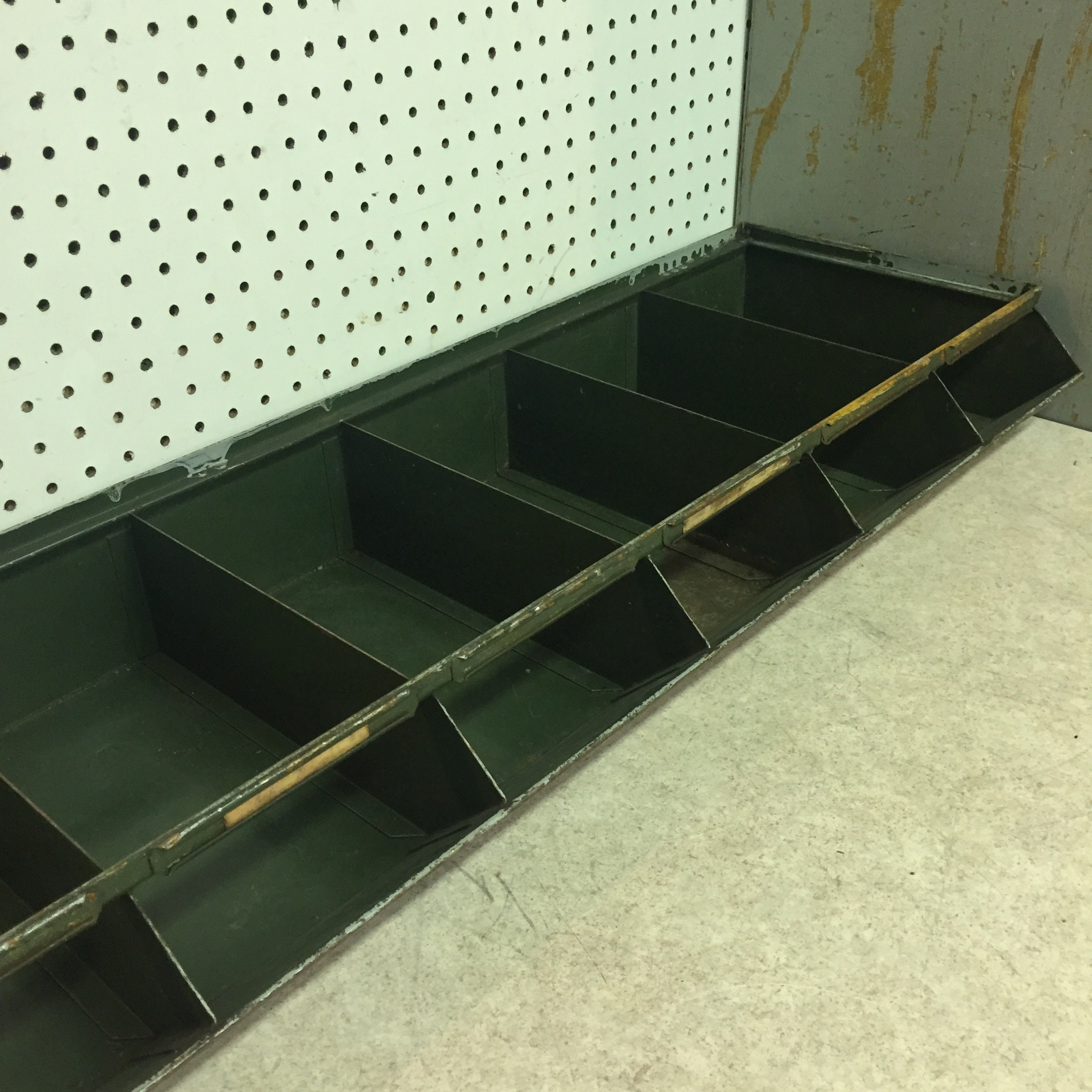 Vintage Green Industrial Steel Hardware Bins, Cubbies, Cubby Storage