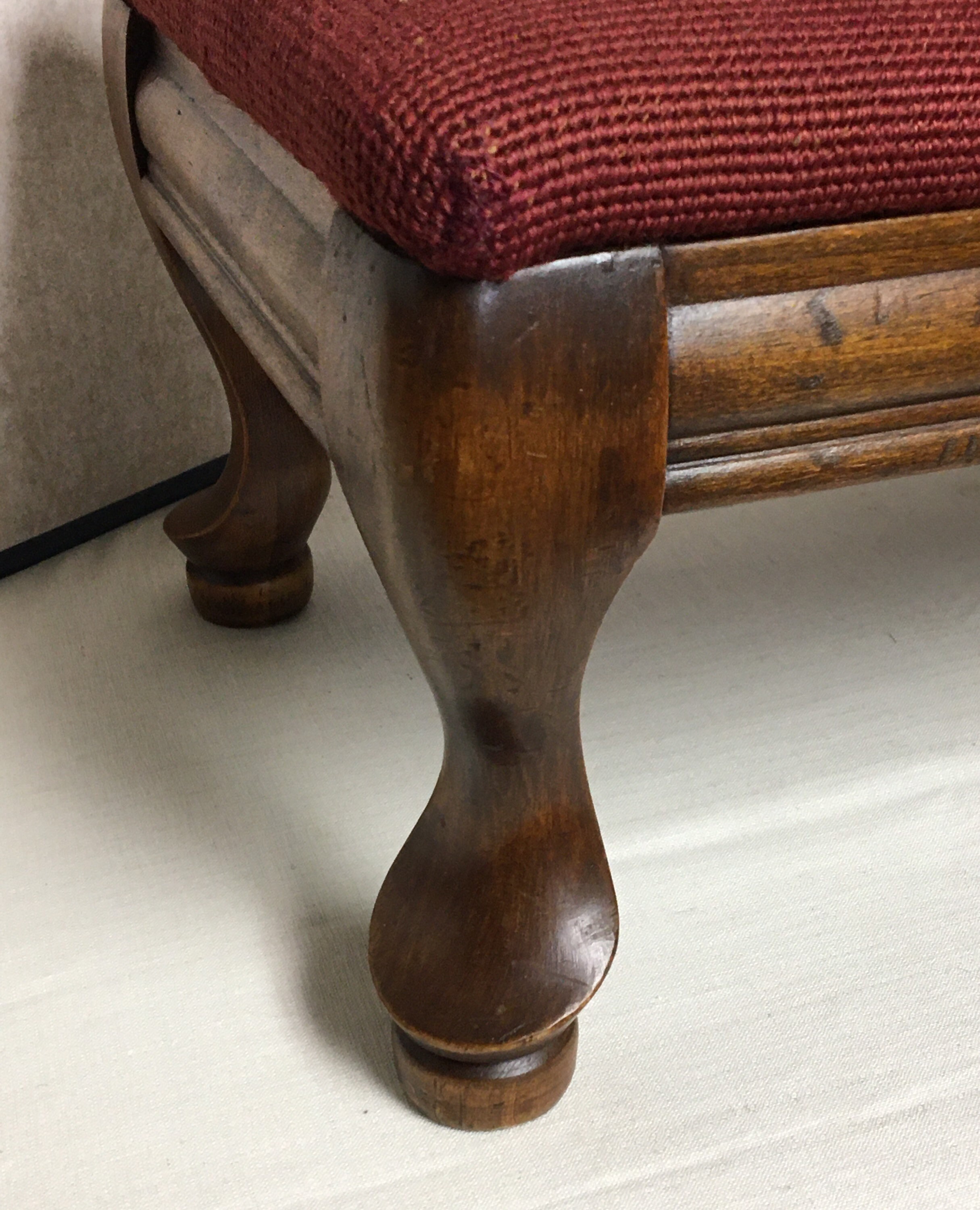 Antique Victorian Needlepoint Footstool, Queen Anne Style Wooden Stool