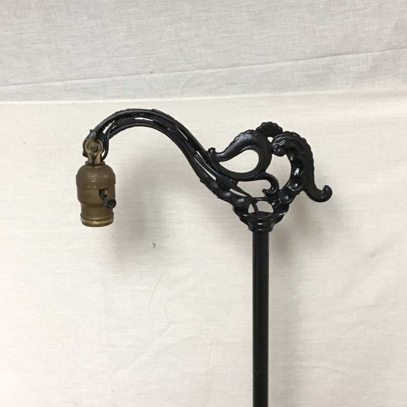 Antique 1920 S Black Cast Iron Bridge Arm Floor Lamp With A Hexagon Shaped Footed Base Art Deco Goth Lighting