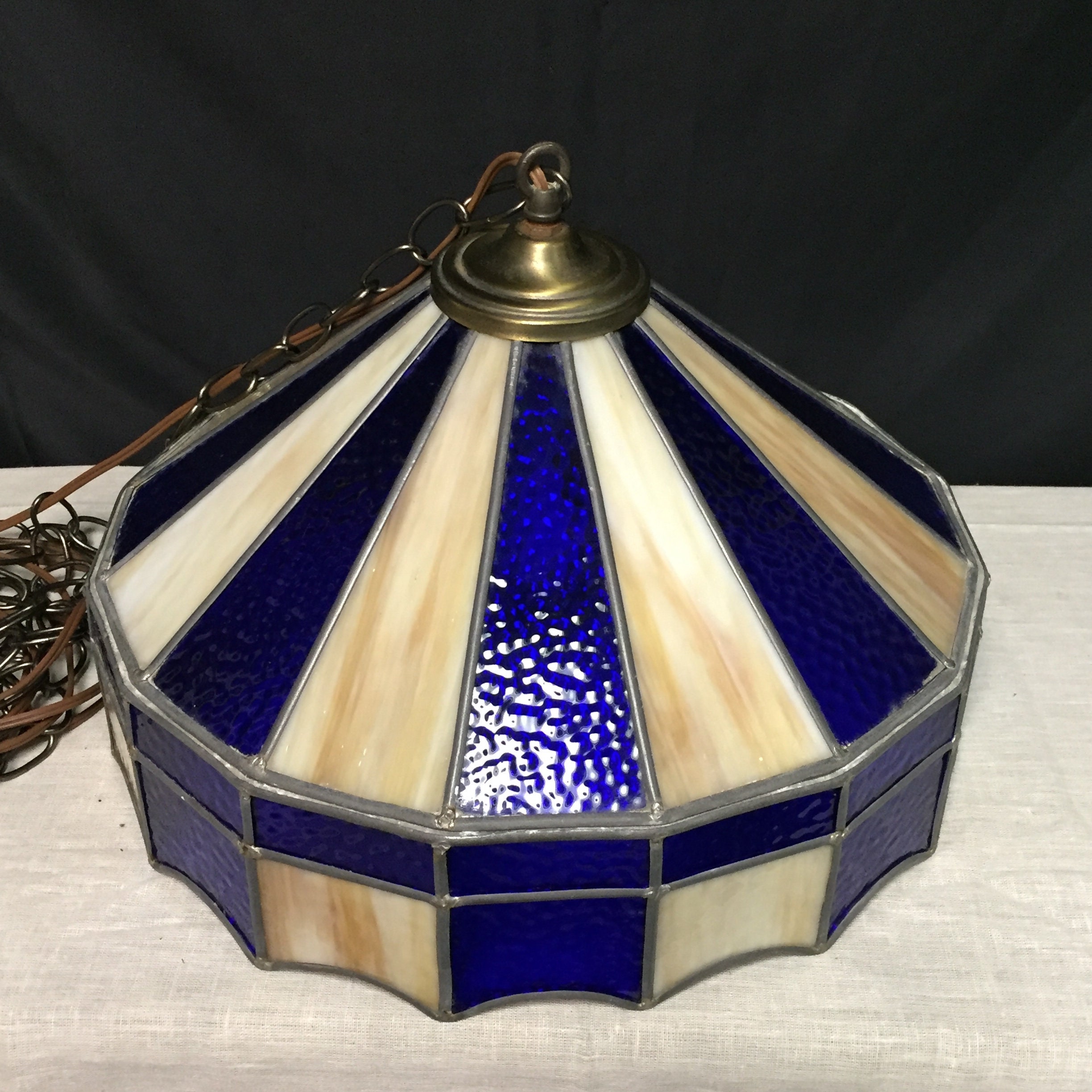 Vintage Blue Slag Leaded Stained Glass Ceiling Hanging Swag Lamp Light