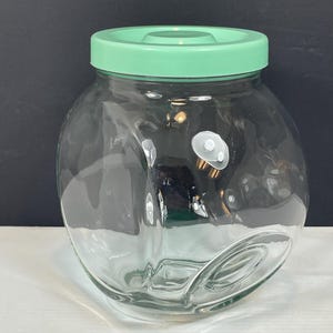 May include: A clear glass jar with a rounded body and a light green lid. The jar has a wide opening and a smooth surface. The lid is a solid, opaque green color. The jar is empty and appears to be clean.