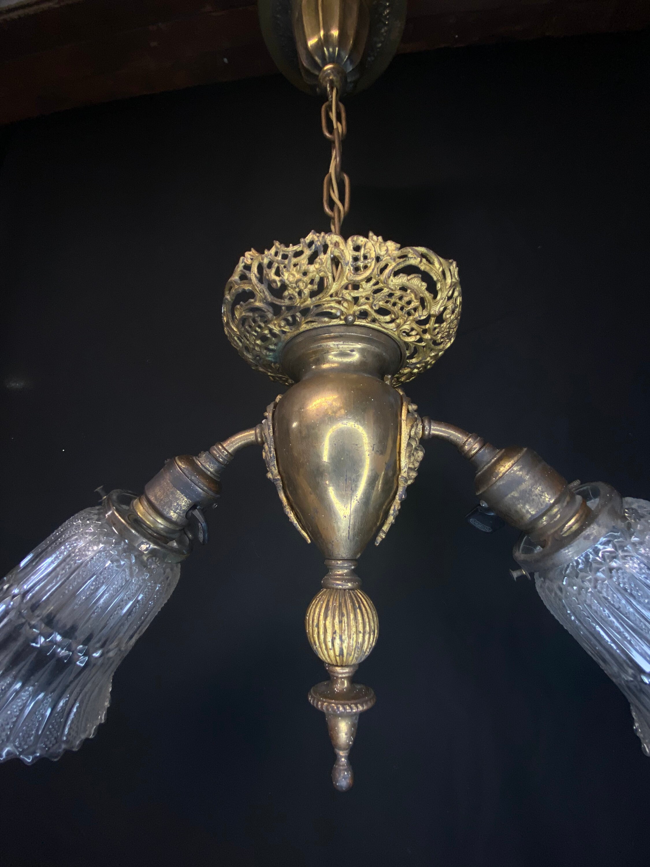 Early 1900's 2 Arm Brass Chandelier Hanging Light Fixture, Antique