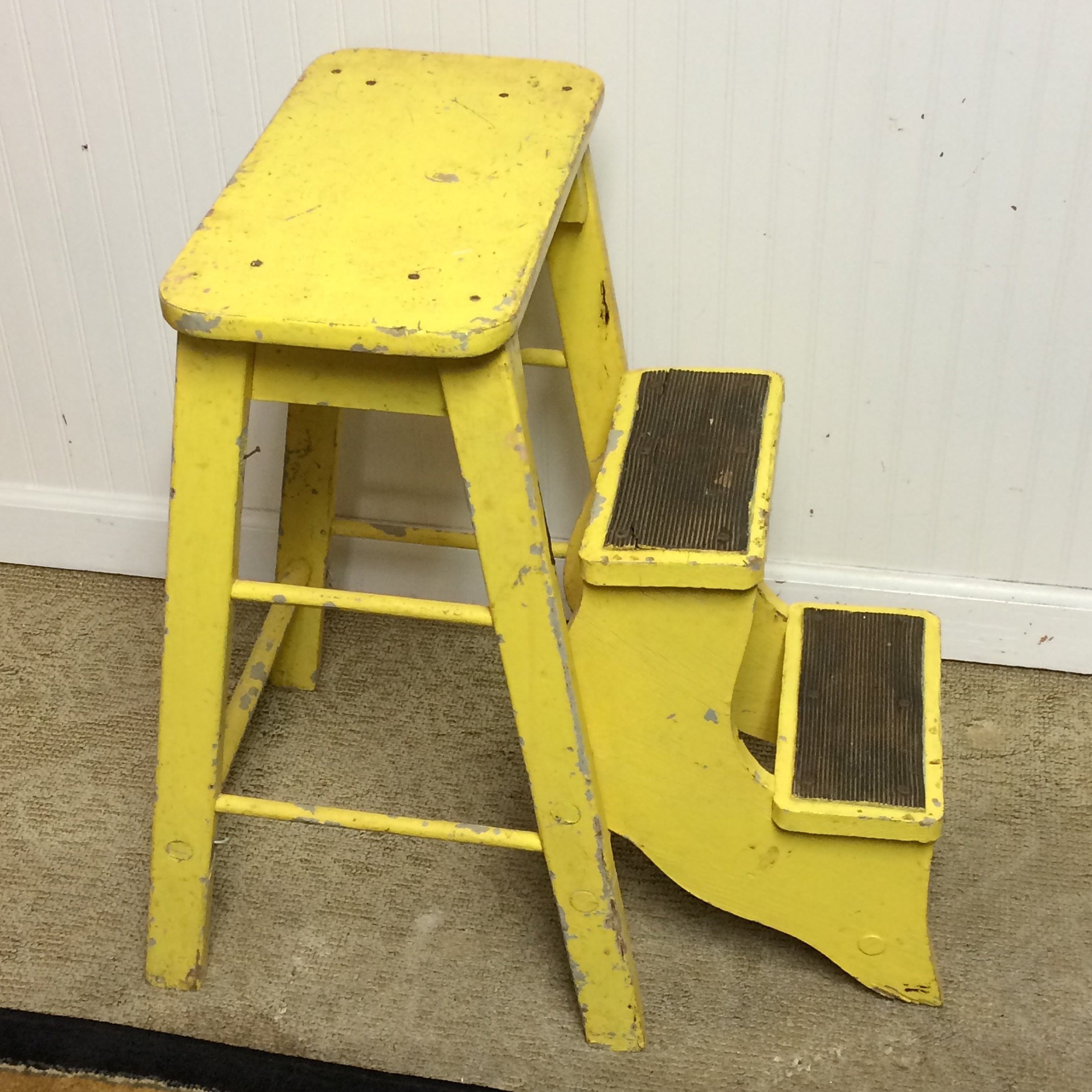 Unique Vintage Yellow Wooden Step Stool with Folding Steps, Display