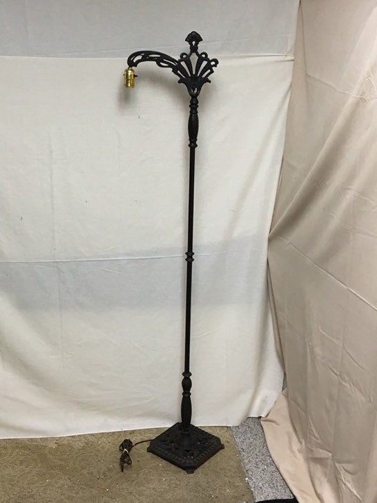 Antique 1920 S Black Cast Iron Bridge Arm Floor Lamp With A Heavy Footed Base Art Deco Goth Lighting Cast Iron Bridge Arm Floor Lamp, Antique Cast Iron Bridge Floor Lamp