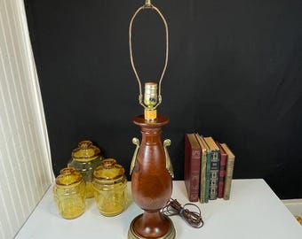1970's Mid Century Wooden Table Lamp, Danish Wood Urn Vase Style