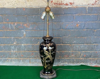 Vintage Czechoslovakia Black & Gold Pheasant 2 Bulb Table lamp, 1930's Porcelain Asian Art Deco